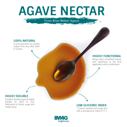 1-2 Taste IMAG Organics - 100% Blue Agave Syrup Extra Dark with spoon showing rich syrup texture and key benefits: natural, highly soluble, low glycemic index, and functional for sweetening